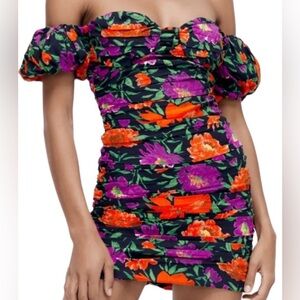 NWT Zara Floral Ruched Off The Shoulder Mini Dress